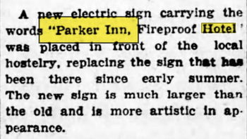 Parker Inn Hotel (Munger Place Apartments) - 1926 Article On New Sign (newer photo)